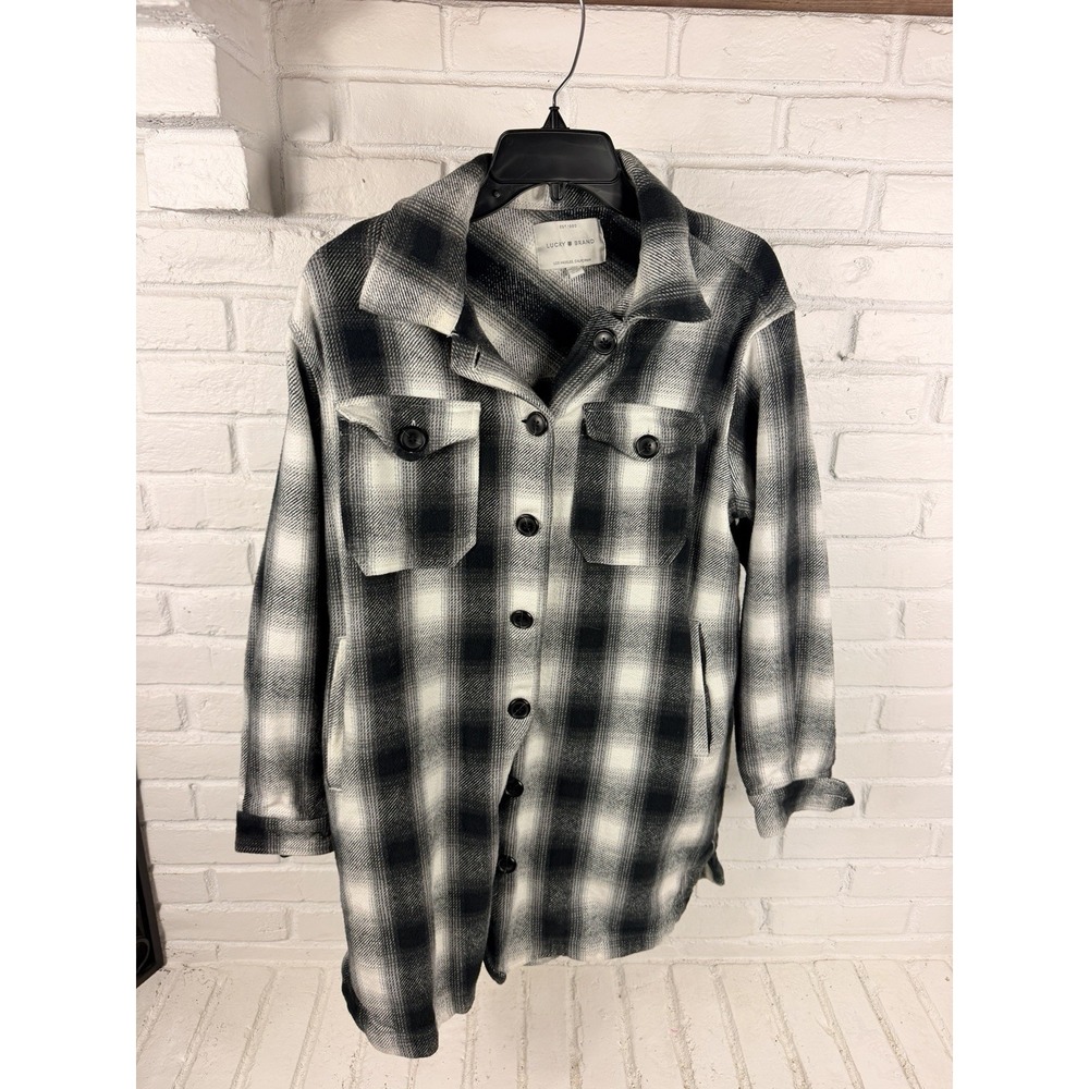 Shacket Lucky Brand Black White Plaid Cotton Shirt Jacket Utility Overshirt